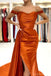 Elegant Off Shoulder Side Slit Mermaid Burnt Orange Satin Long Bridesmaid Dresses Online, BG709