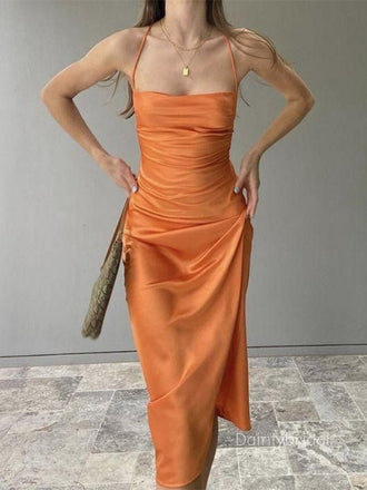 Sexy Spaghetti Straps Square Orange Lace Up Soft Satin Orange Midi Mermaid Prom Dress , Evening Dress , BG801