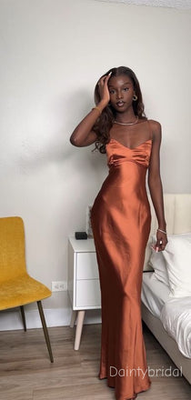 Elegant Spaghetti Strap V-neck Soft Satin Rust Chic Mermaid Bridesmaid Dress , BG783
