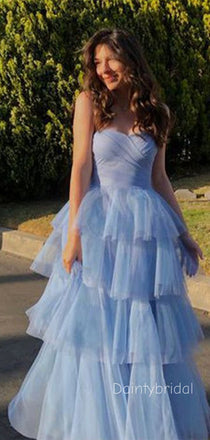 Elegant Strapless Semi-Sweetheart Ruffles Blue Chiffon A-line Bridesmaid Dress Online, BG779