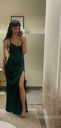Sexy Side Slit Spaghetti Straps V-neck Green Soft Satin Maxi Long Mermaid Prom Dress , BG809