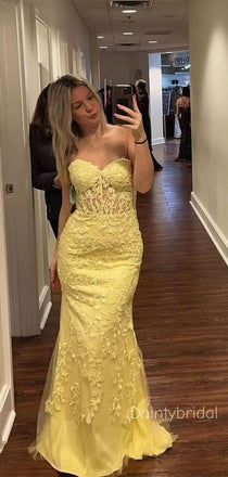 Elegant Strapless Sweetheart  Applique Yellow Maxi Long Mermaid Prom Dress , Evening Dress, BG804