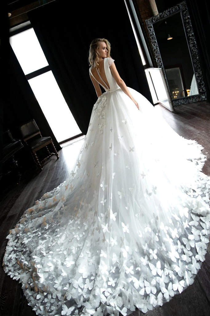 Elegant V-neck A-line Satin Tulle White Butterfly Wedding Dresses, WD0539