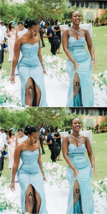 Mismatched Elegant Spaghetti Straps Sweetheart Side Slit Satin Long Bridesmaid Dresses Online, BG701