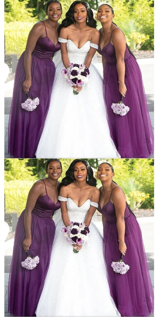 Elegant Spaghetti Straps V-neck A-line Tulle Long Grape Bridesmaid Dresses Online, BG744