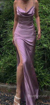 Sexy Side Slit Cowl Neck Spaghetti Strap Pleats Purple Soft Satin Chic Mermaid Prom Dress , Evening Dress , BG790