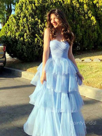 Elegant Strapless Semi-Sweetheart Ruffles Blue Chiffon A-line Bridesmaid Dress Online, BG779
