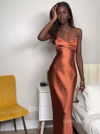 Elegant Spaghetti Strap V-neck Soft Satin Rust Chic Mermaid Bridesmaid Dress , BG783
