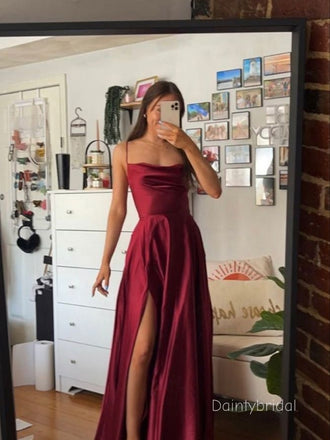Sexy Spaghetti Strap Square Burgundy Side Slit Maxi Long Mermaid Prom Dress , BG784