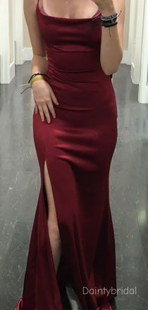 Stunning Side Slit Spaghetti Strap Square Soft Satin Burgundy Modern Mermaid Prom Dress, BG788