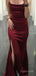 Stunning Side Slit Spaghetti Strap Square Soft Satin Burgundy Modern Mermaid Prom Dress, BG788