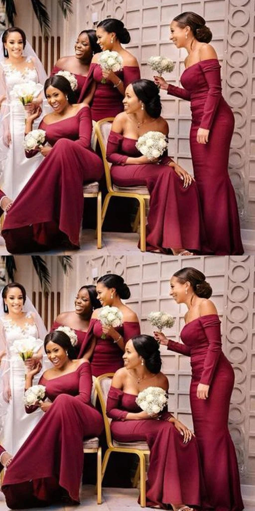 Elegant Long Sleeves Mermaid Straight Neck Satin Burgundy Bridesmaid Dresses Online, BG746