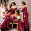 Elegant Long Sleeves Mermaid Straight Neck Satin Burgundy Bridesmaid Dresses Online, BG746