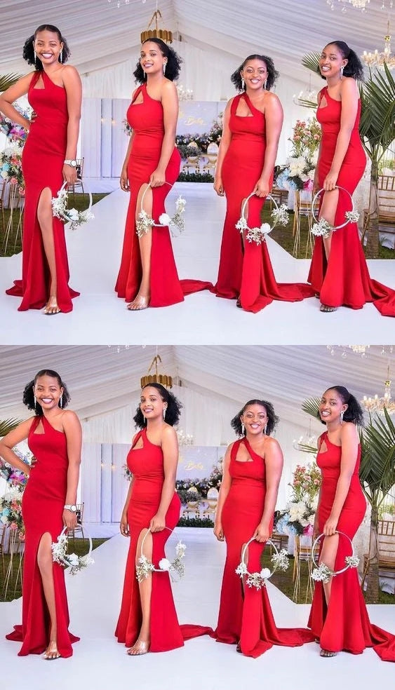 Elegant One Shoulder Mermaid Side Slit Jersey Red Bridesmaid Dresses Online, BG747