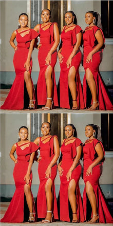 Elegant Asymmetric Mermaid Side Slit Jersey Red Bridesmaid Dresses Online, BG748