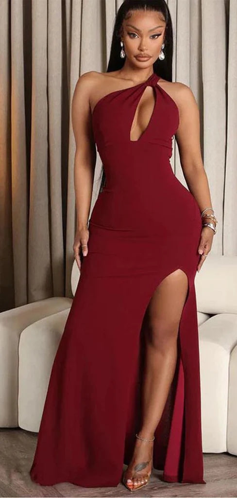 Elegant One Shoulder Mermaid Side Slit Burgundy Jersey Long Bridesmaid Dresses Online, BG702