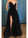 Sparkly Spaghetti Straps V-neck Black Prom Dresses Evening Dress with High Side Slit, OL972