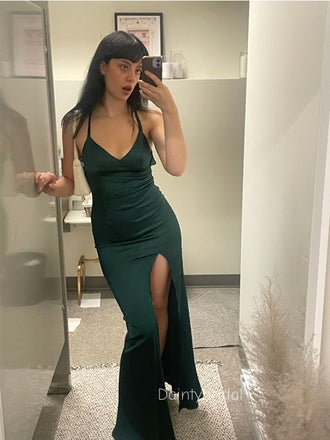 Sexy Side Slit Spaghetti Straps V-neck Green Soft Satin Maxi Long Mermaid Prom Dress , BG809