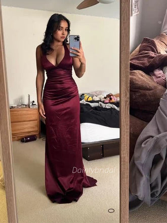 Simple V-neck Soft Satin Burgundy Maxi Long Mermaid Prom Dress , Evening Dress , BG812