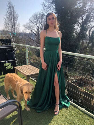 Elegant Side Slit Spaghetti Straps Lace Up Green Soft Satin A-line  Prom Dress , BG807