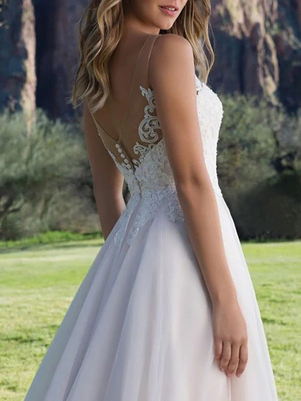 Simple V-neck Tulle Ivory Sleeveless Lace A-line Wedding Dress, WD0506