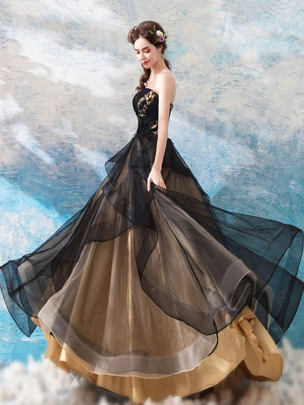 Luxury Strapless Tulle  A-line Black Wedding Dress, WD0514