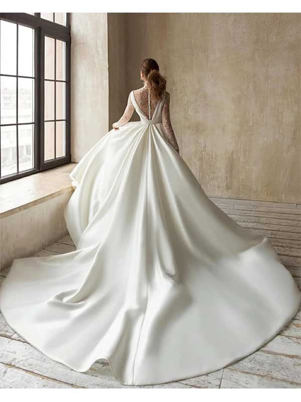 Modest High Neck Satin Tulle Lace Long Sleeves Wedding Dress with Bow, DaintyBridal Modest High Neck Satin Tulle Lace Long Sleeves Wedding Dress with Bow, DaintyBridal