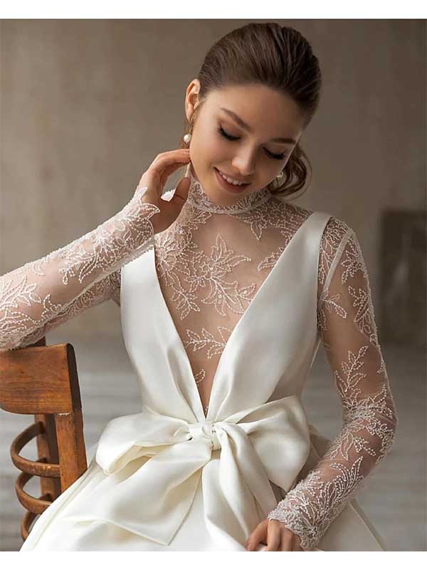 Modest High Neck Satin Tulle Lace Long Sleeves Wedding Dress with Bow, DaintyBridal Modest High Neck Satin Tulle Lace Long Sleeves Wedding Dress with Bow, DaintyBridal
