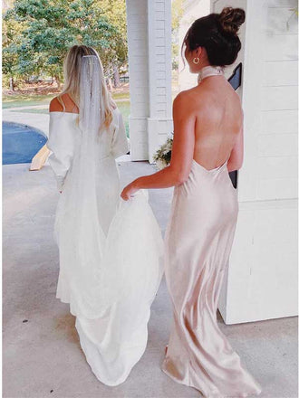 Ivory Cross Halter Champagne Floor Length Bridesmaid Dresses, BG162