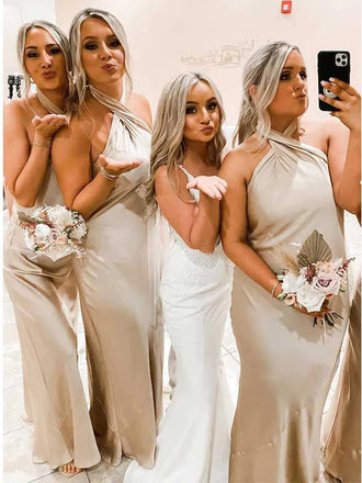 Ivory Cross Halter Champagne Floor Length Bridesmaid Dresses, BG162