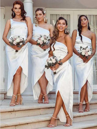 Asymmetrical  One Shoulder Satin White Bridesmaid Dresses, BG163