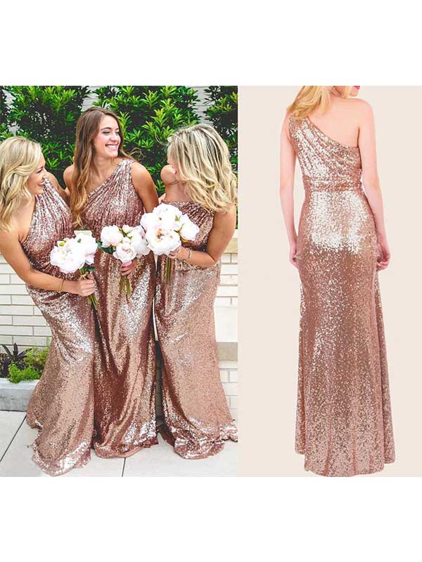 Rose Gold Sparkly Sequins Lace One Shoulder Bridesmaid Dresses, BG164 DaintyBridal Rose Gold Sparkly Sequins Lace One Shoulder Bridesmaid Dresses, BG164 DaintyBridal