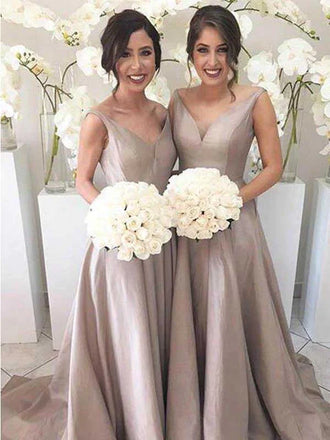 Simple V-neck Sleeveless High Low Sweep Train Silver Bridesmaid Dresses, BG166