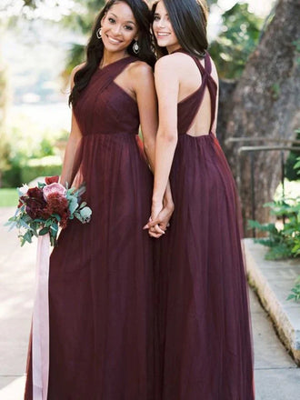 Elegant Burgundy Criss-Cross A-line Floor Length Halter Tulle Bridesmaid Dresses, BG178