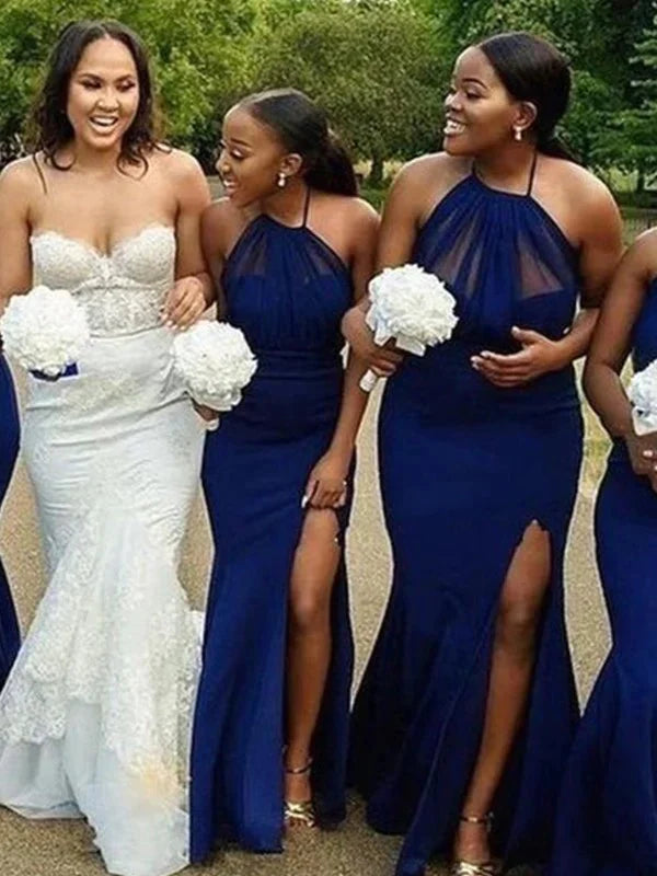 Elegant Satin Tulle Halter Sleeveless Side Slit Mermaid Bridesmaid Dre DaintyBridal Elegant Satin Tulle Halter Sleeveless Side Slit Mermaid Bridesmaid Dre DaintyBridal