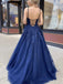 A-line Navy Blue Tulle Lace Long Prom Dress Evening Dress, OL587