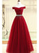 A-line Off the Shoulder Red Tulle Prom Dress Evening Dress with Beading, OL588