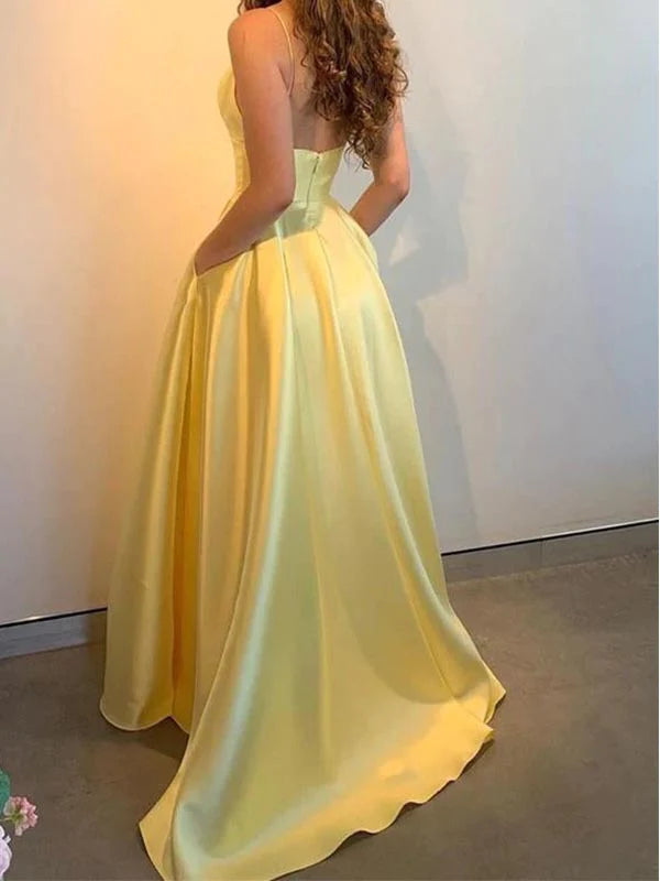 Simple V-neck Floor Length Satin Burgundy Yellow Prom Dress Evening Dress with Pockets, OL591