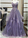 Unique Long Tulle Spaghetti Straps Prom Dress Evening Dress with Lace Applique, OL594