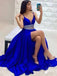 Two Pieces V-neck Spaghetti Straps Royal Blue Long Prom Dress Evening Dress, OL598