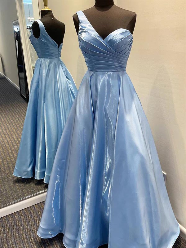 One Shoulder Blue Satin Long Prom Dress Evening Dress, OL601