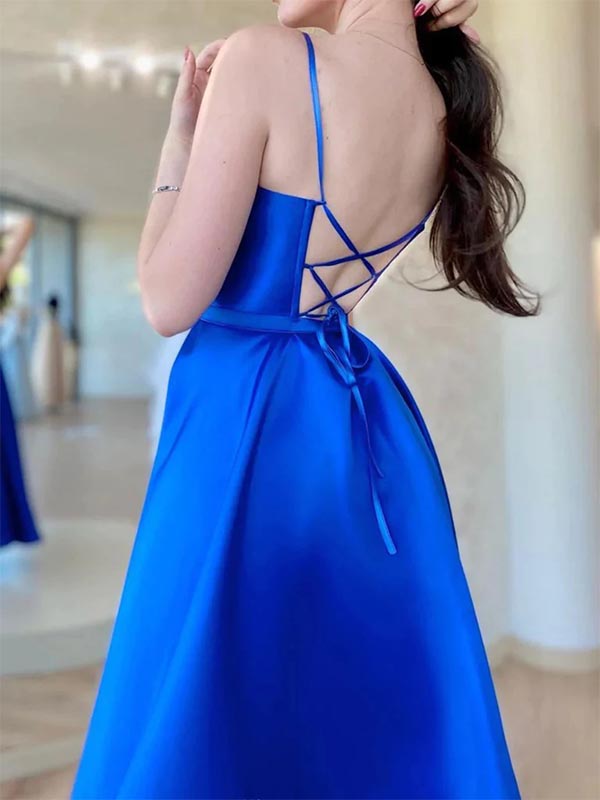 Backless Royal Blue Satin Long Prom Dress Evening Dress, OL602