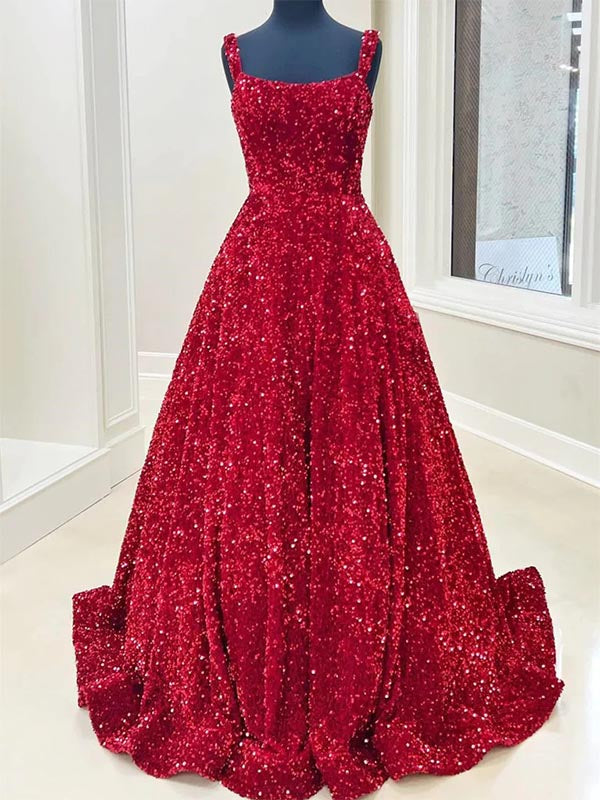 Red Square Neck Sequin Long Prom Dress Evening Dress, OL603 DaintyBridal Red Square Neck Sequin Long Prom Dress Evening Dress, OL603 DaintyBridal