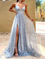 A-line Glittering Sexy Blue V-neck Long Prom Dress Evening Dress with Slit, OL606