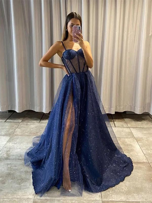 Spaghetti Straps Dark Blue Long Prom Dress Evening Dress with Slit, OL607