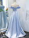 Light Blue Off the Shoulder Satin A-line Long Prom Dress Evening Dress, OL609