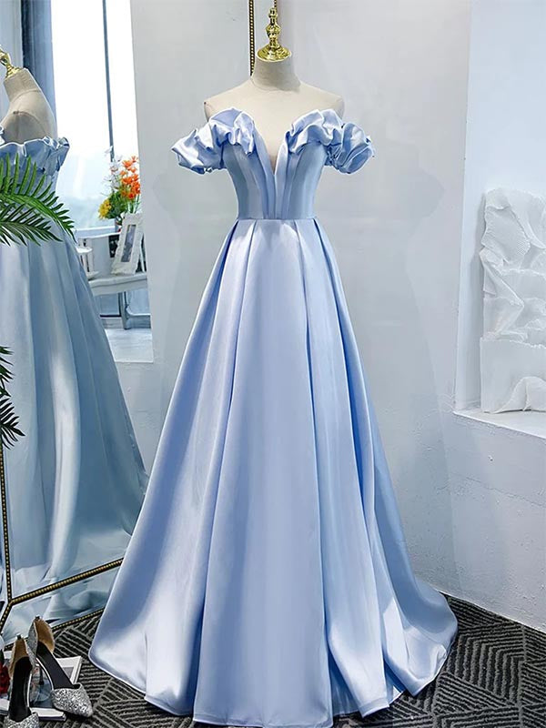 Light Blue Off the Shoulder Satin A-line Long Prom Dress Evening Dress, OL609