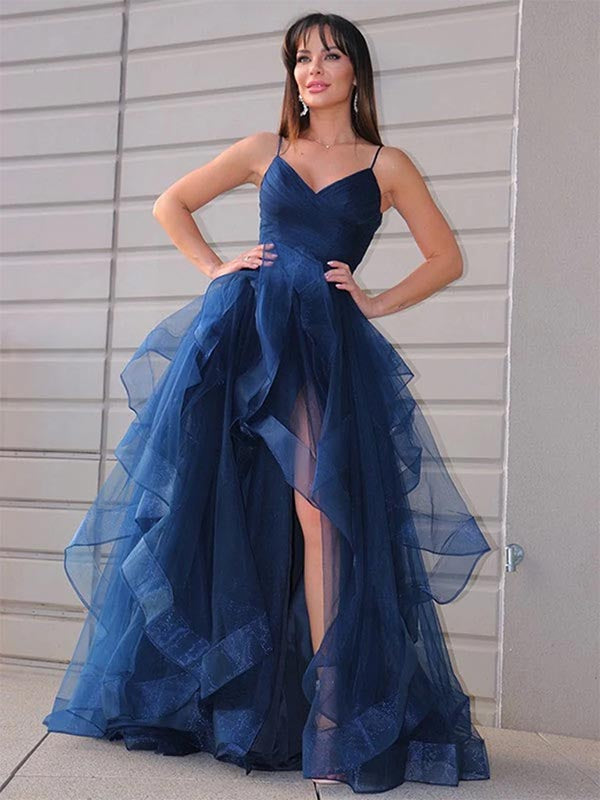 Dark Navy Blue V-neck A-line Tulle Long Prom Dress Evening Dress, OL610