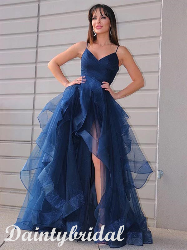 Blue Tulle Long A-Line Prom Dress, Blue Spaghetti Straps Party Dress with Bow US 4 / Custom Color