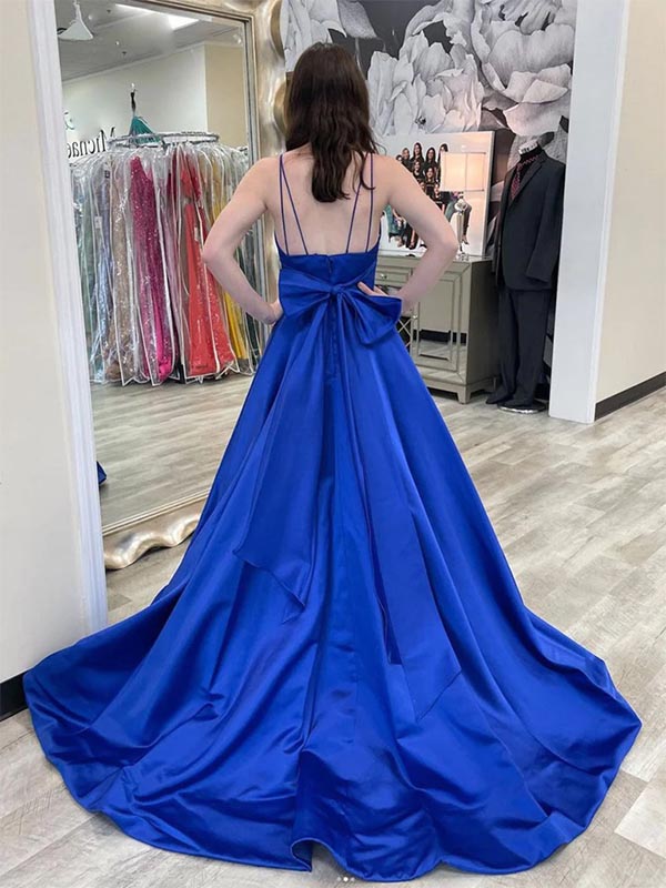 Royal Blue Spaghetti Straps A-line V-neck Satin Long Prom Dress Evening Dress, OL611